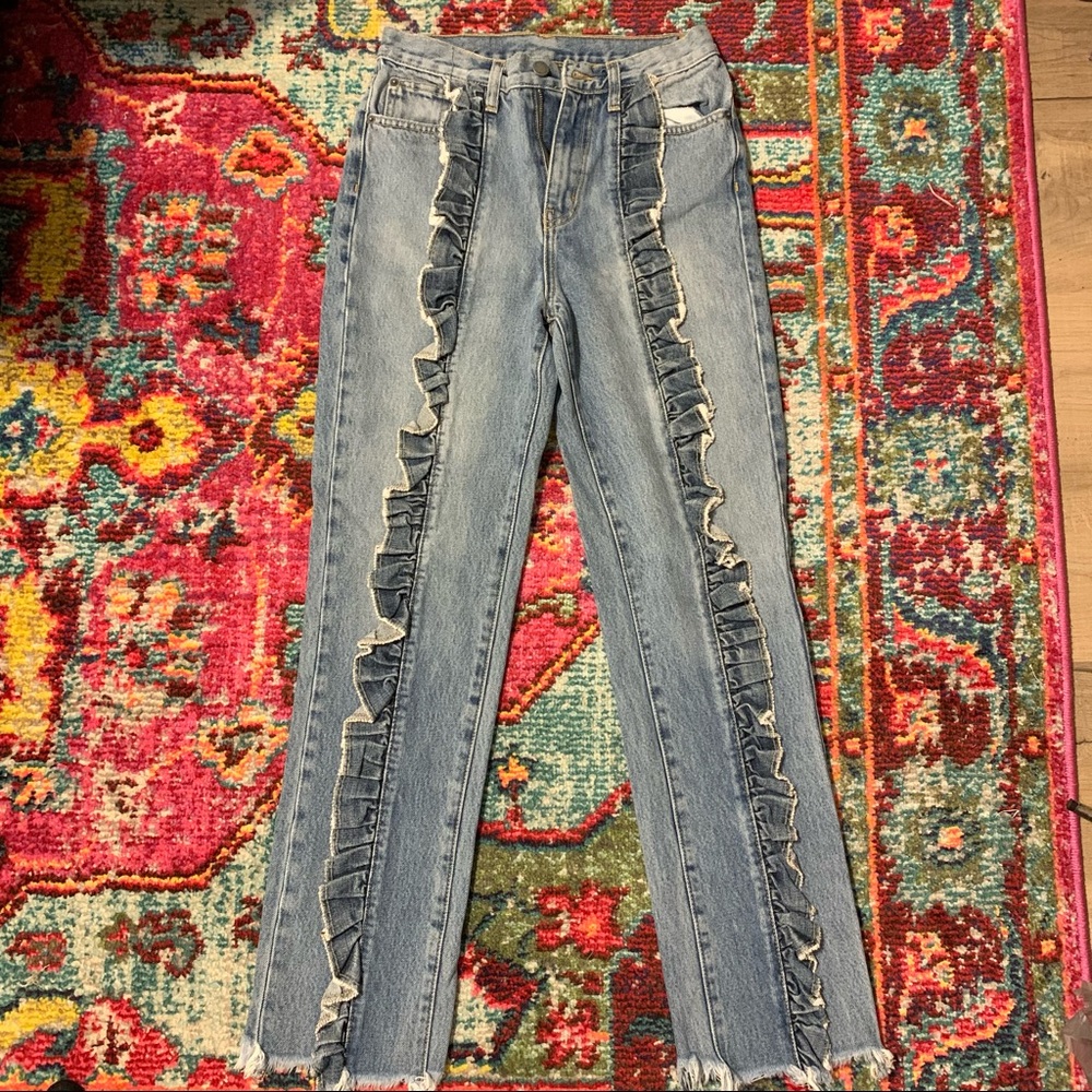 High Rise Jeans with Leg Frill